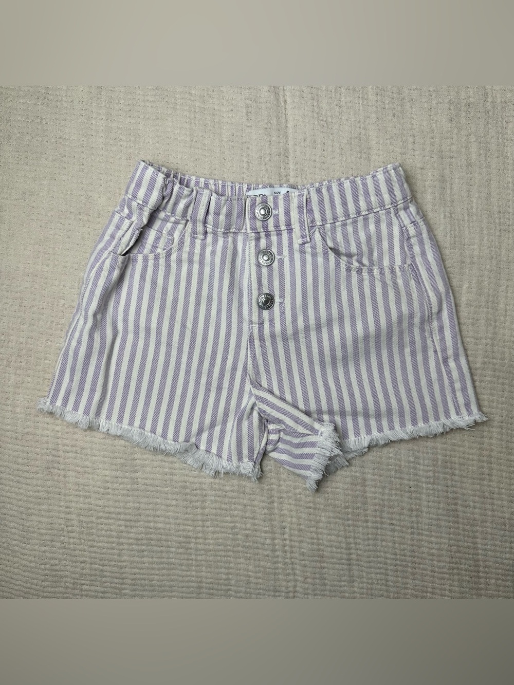 Zara Girls Striped Denim Shorts Purple White Raw Hem Size 6